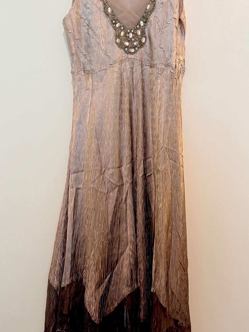 Komarov Taupe and Brown Beaded V-Neck Maxi Dress